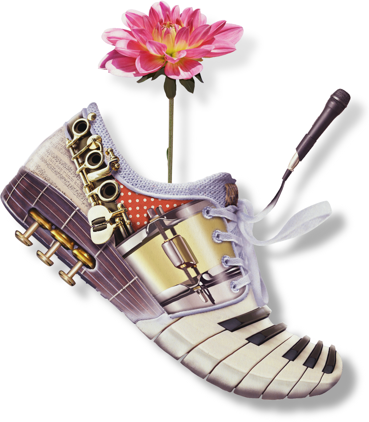 楽器の靴。駆け抜けるオーケストラをイメージしています。花は生み出される成果の象徴です