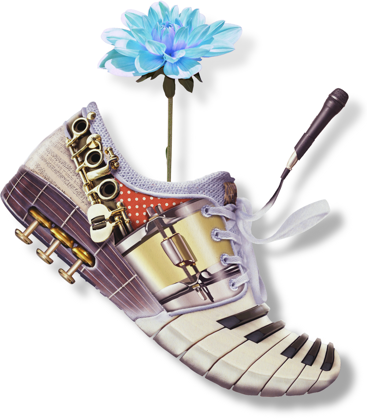 楽器の靴。駆け抜けるオーケストラをイメージしています。花は生み出される成果の象徴です